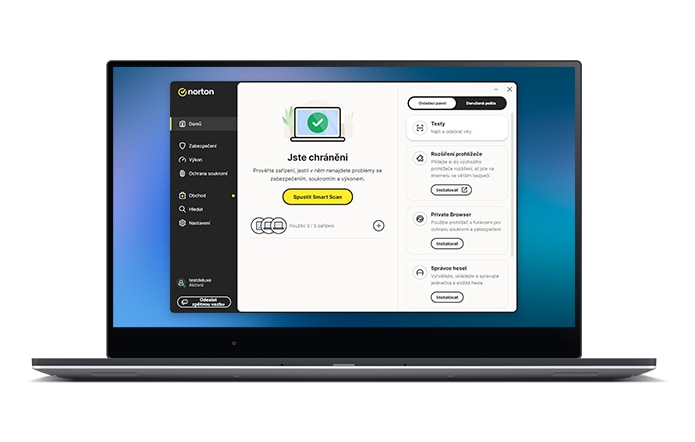 Obrázek notebooku MacBook se zařízeními chráněnými pomocí produktu Norton.
